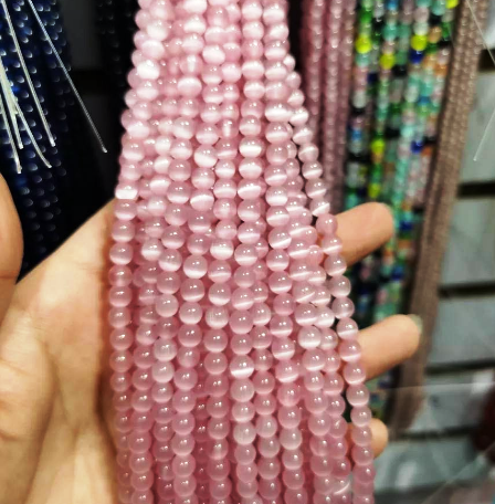 15" 6mm (66 Beads) Pink Fiber Optic Cat's Eye Glass Beads AAA Quality #FBR6-Pink
