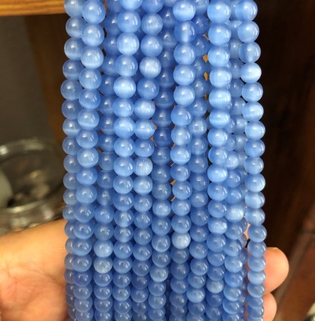 15" 6mm (66 Beads) Sky Blue Fiber Optic Cat's Eye Glass Beads AAA Quality #FBR6-SKB