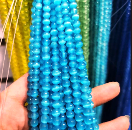 66 Beads 15" 6mm Turquoise Blue Fiber Optic Cat's Eye Glass Beads AAA Quality #FBR6-TQ