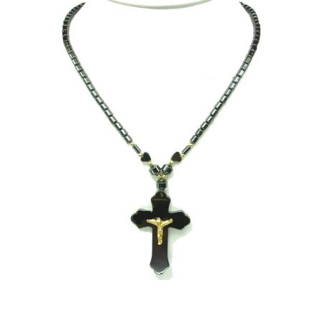 Large Gold tone Crucifix Hematite Necklace #HN-0006