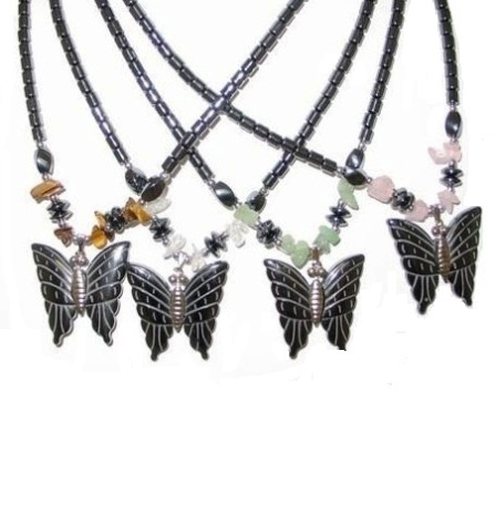 Dozen Butterfly Hematite Necklace W/ Chip Stone Beads On The Sides #HN-0020
