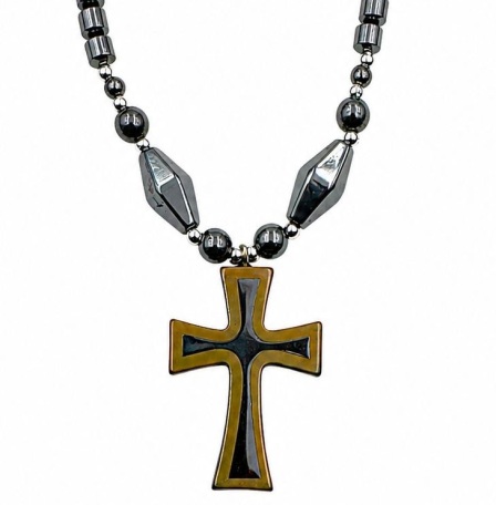 Dozen (12 PC.) 2 Tone Wide Cross Hematite Necklace (NON-Magnetic) #HN-0052A