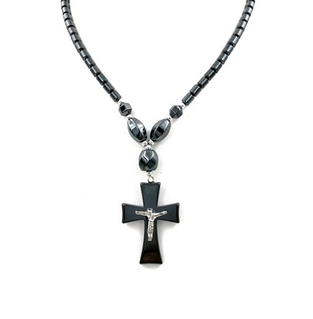 Dozen Wide Silver Crucifix Hematite Necklace (NON-Magnetic) #HN-2253B