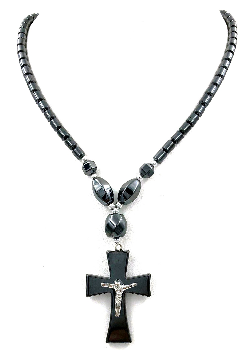 Dozen Wide Silver Crucifix Hematite Necklace (NON-Magnetic) #HN-2253B