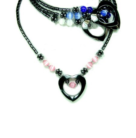 Dozen Open Heart Hematite Necklaces With Fiber Optic Beads #HN-0101A