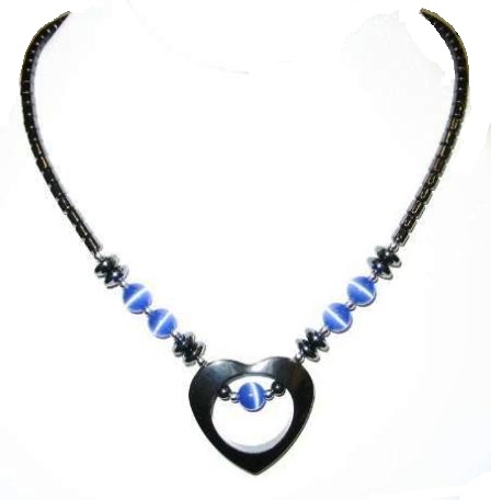 Dozen Light Blue Fiber Optic Open Heart Hematite Necklace (NON-Magnetic) #HN-0101LB