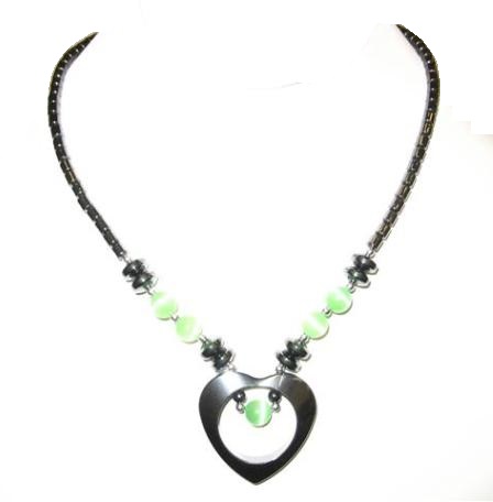 Dozen Lime Green  Fiber Optic Open Heart Hematite Necklace (NON-Magnetic) #HN-0101LG