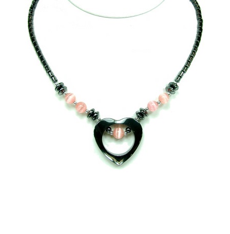 Dozen Pink Fiber Optic Open Heart Hematite Necklace (NON-Magnetic) #HN-0101Pi