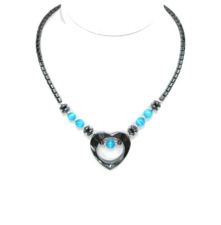 Dozen Turquoise Fiber Optic Open Heart Hematite Necklace (NON-Magnetic) #HN-0101TQ