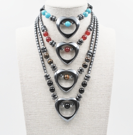 Dozen Open Heart Hematite Necklace With Stone Beads #HN-0102NY