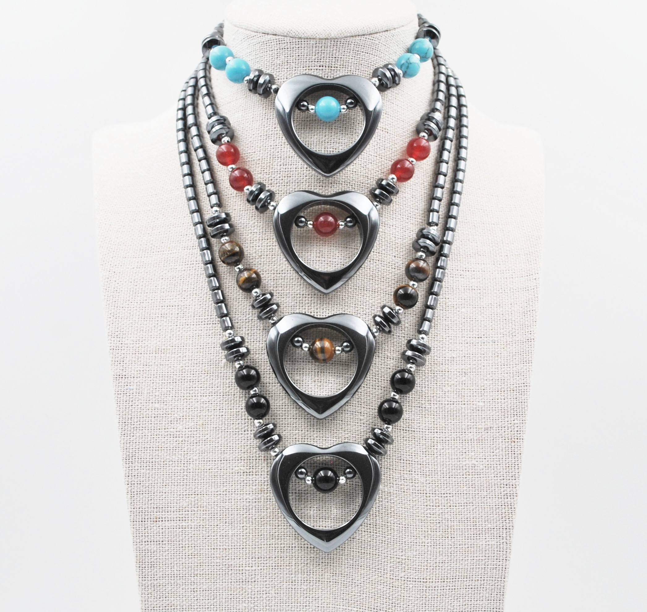 Dozen Open Heart Hematite Necklace With Stone Beads #HN-0102NY