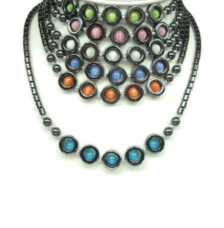 Dozen Donuts With Color Fiber Optic Beads Hematite Necklace #HN-0107A