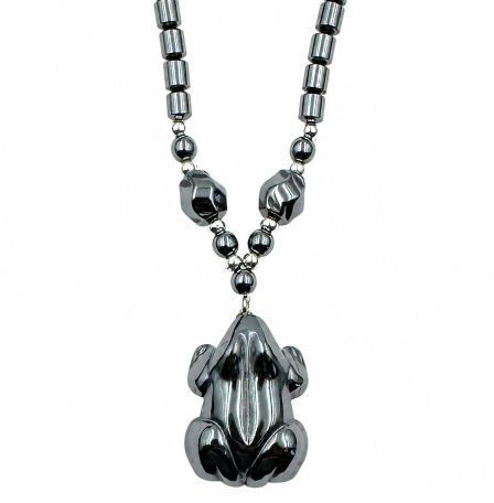 Dozen (12 Pc.) Frog Hematite Necklaces with Silver Beads on the Sides #HN-0136