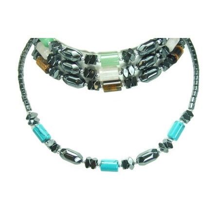 Dozen Hematite Necklaces With Color Stone Tube Beads #HN-0148