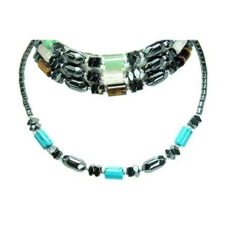 Dozen Hematite Necklaces With Color Stone Tube Beads #HN-0148