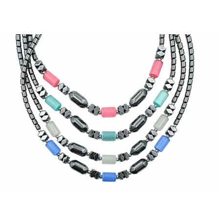 Dozen (12 PC.) Hematite Necklaces with Assorted Color Glass Tube Beads #HN-0148A