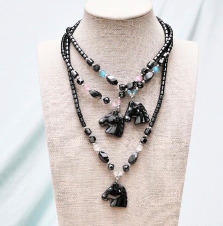 Dozen Horse Head Hematite Necklace With Fiber Optic Beads On The Sides#HN-0184
