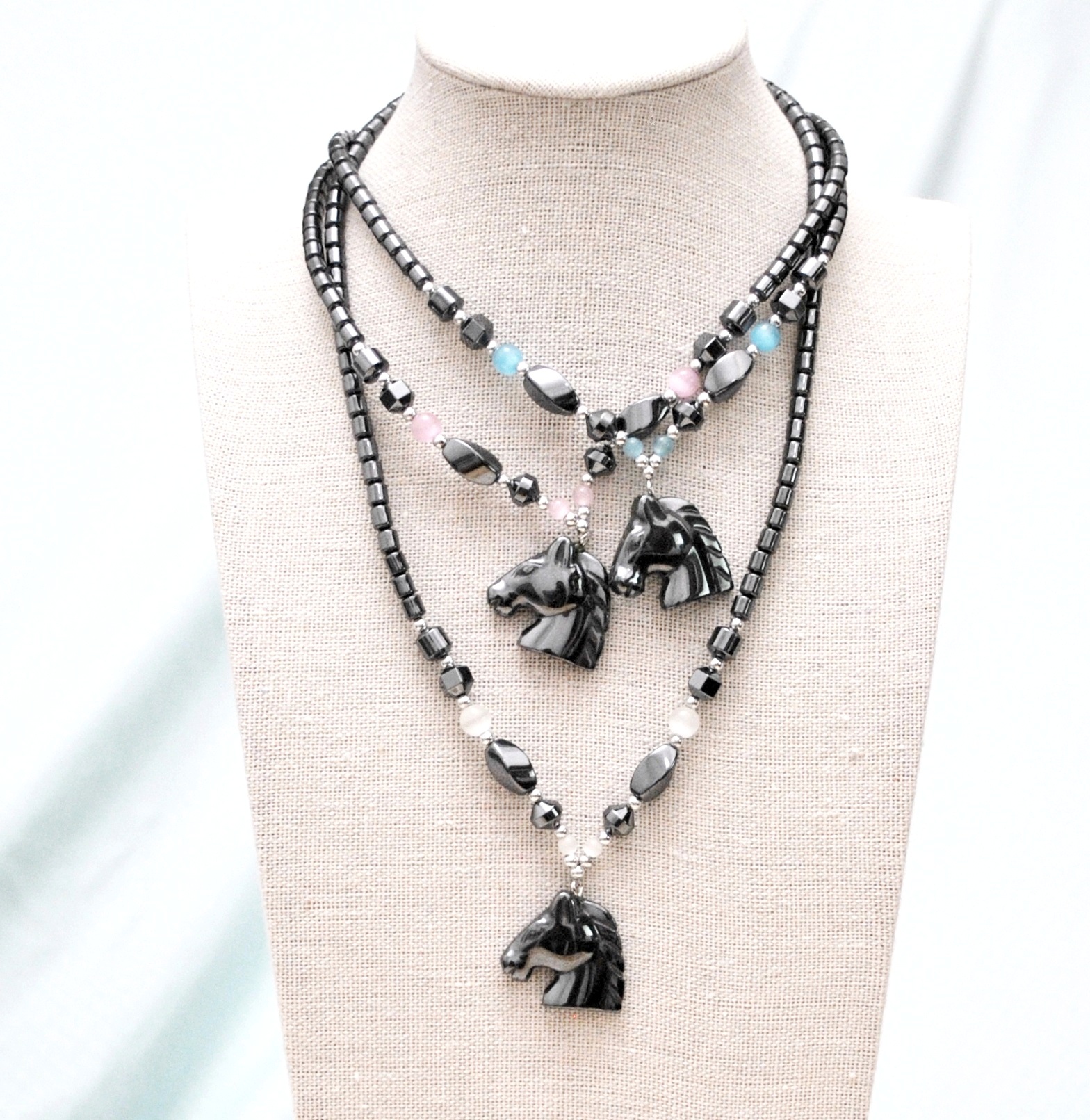 Dozen Horse Head Hematite Necklace With Fiber Optic Beads On The Sides#HN-0184