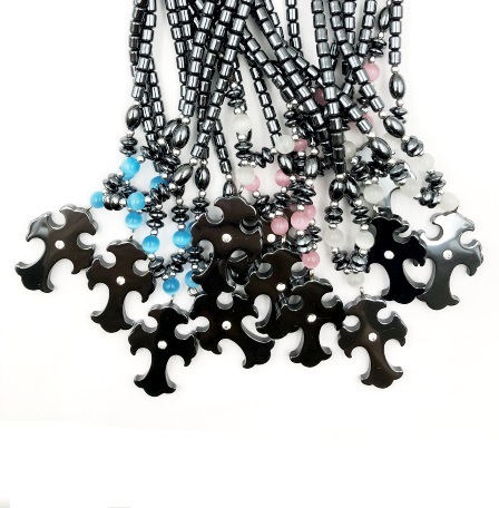 Dozen Flat Cross with Rhinestone and Fiber optic Beads Hematite Necklaces #HN-0189