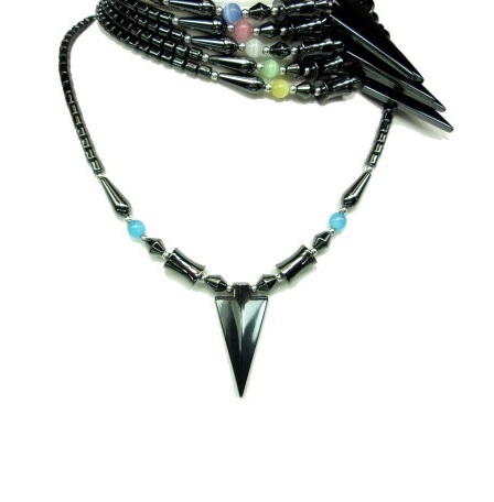 Dozen Arrowhead Hematite Necklace With Color Fiber Optic Color Beads #HN-0204