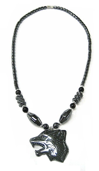 Dozen 24" Wolf Head Hematite Necklace (NON-Magnetic) #HN-22220