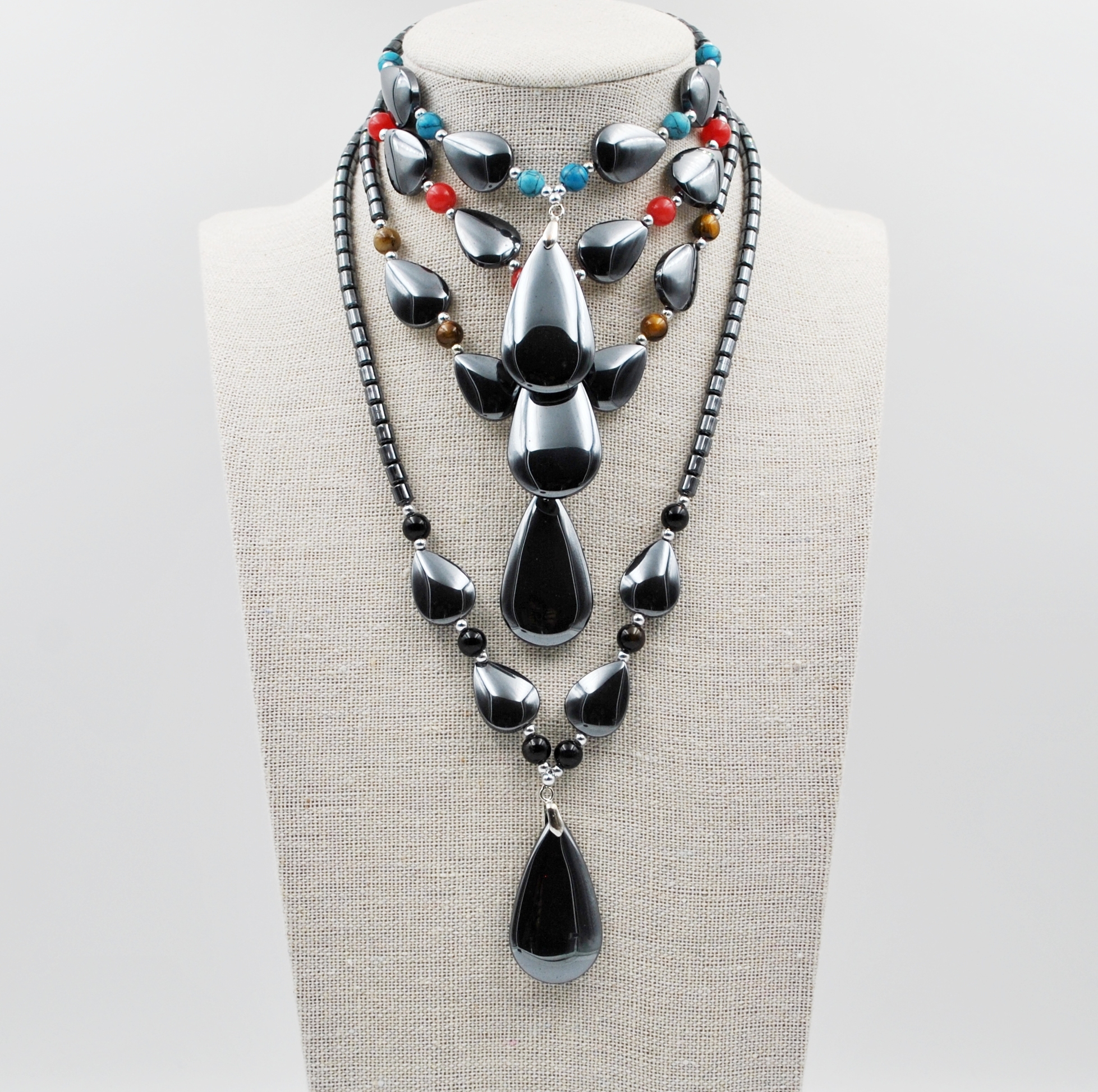 Dozen Teardrops Hematite Necklace With Stone Beads #HN-0223