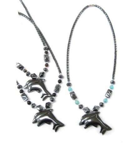Dozen Double Dolphin W/Stone Beads Hematite Necklace #HN-0244