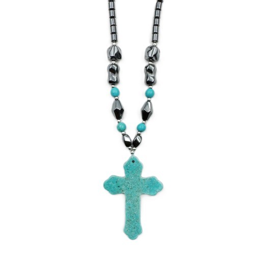 Big Turquoise Cross Hematite Necklaces (NON-Magnetic) #HN-80736
