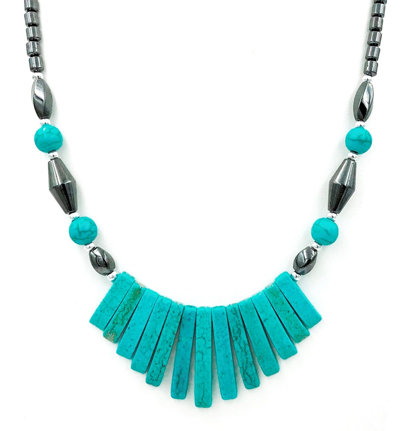 Dozen Wide Turquoise Fan Hematite Necklace (NON-Magnetic) #HN-80747