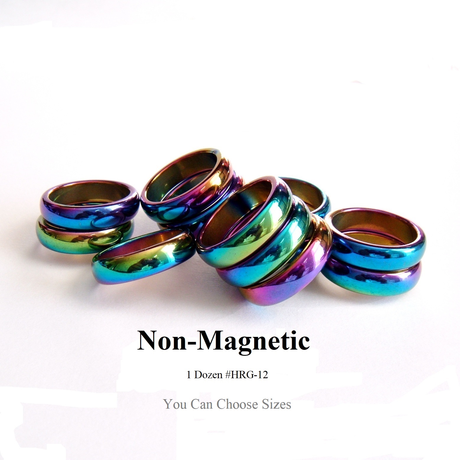 12 PC. (Dozen) Rainbow Non-Magnetic 6mm Smooth Half Round Top Hematite Rings #HRG-12