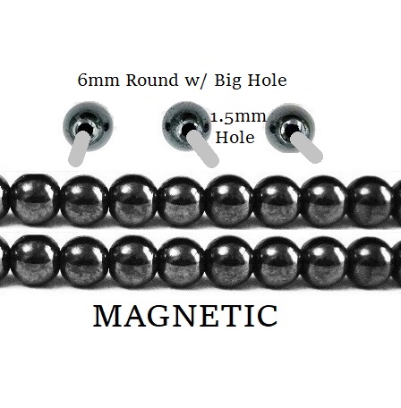 6mm Round w/1.5mm Hole 16" Magnetic Beads AAA Hematite #MB-R6BH