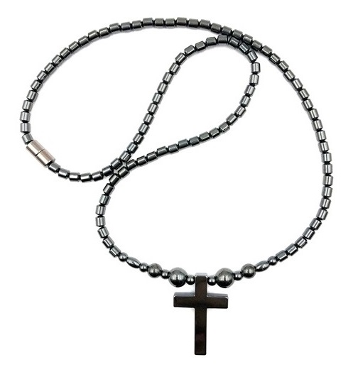 Magnetic Hematite Necklace with Cross pendant and Magnetic Beads #MN-0111FBK