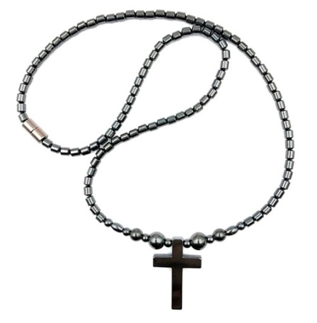 Magnetic Hematite Necklace with Cross pendant and Magnetic Beads #MN-0111FBK