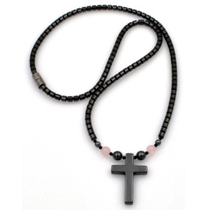 (Call for Prices) Hematite Cross With Rose Quartz Beads Magnetic Necklace #MN-0111RQ
