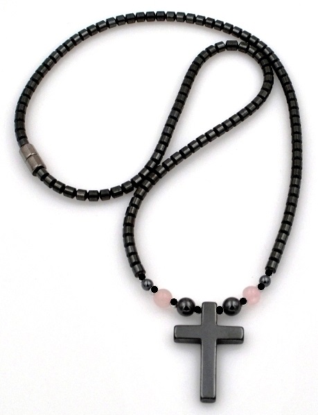 Hematite Cross With Rose Quartz Beads Magnetic Necklace #MN-0111RQ