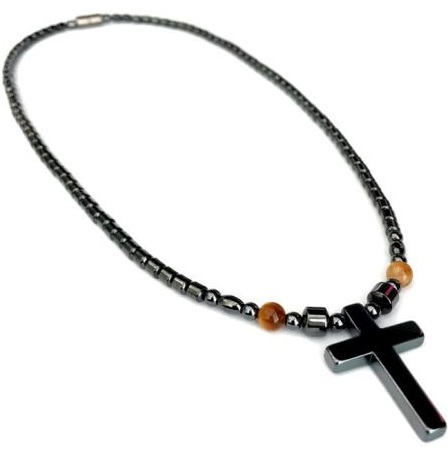 Hematite Cross With Tiger-Eye Beads Magnetic Necklace #MN-0111TE