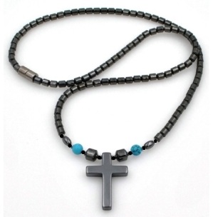 (Call for Prices) Hematite Cross With Turquoise Beads Magnetic Necklace #MN-0111TQ