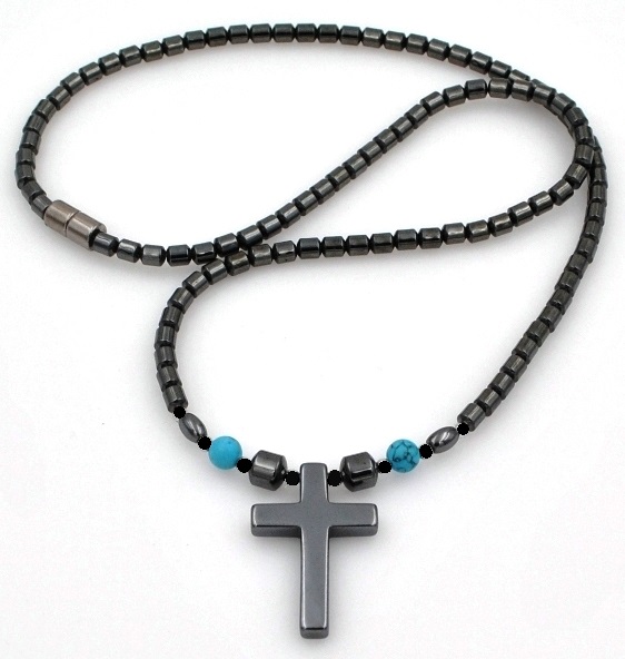 Hematite Cross With Turquoise Beads Magnetic Necklace #MN-0111TQ