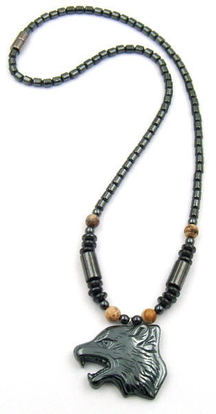 Wolf Head With Picture Jasper Beads Magnetic Necklace #MN-0114PJ