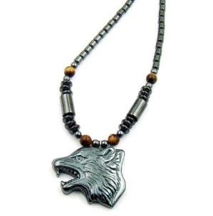 (Call for Prices) Wolf Head With Tiger Eye Beads Magnetic Necklace #MN-0114TE