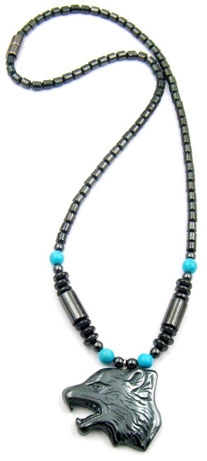 Wolf Head With Turquoise Beads Magnetic Necklace  #MN-0114TQ