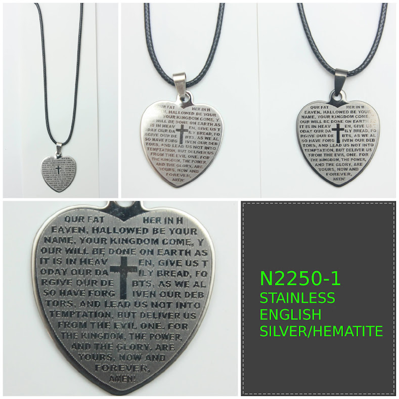 Dozen 12 PC. ENGLISH Christians Prayer on Stainless Steel Heart Pendant with Black Cord Necklace #N2250-1