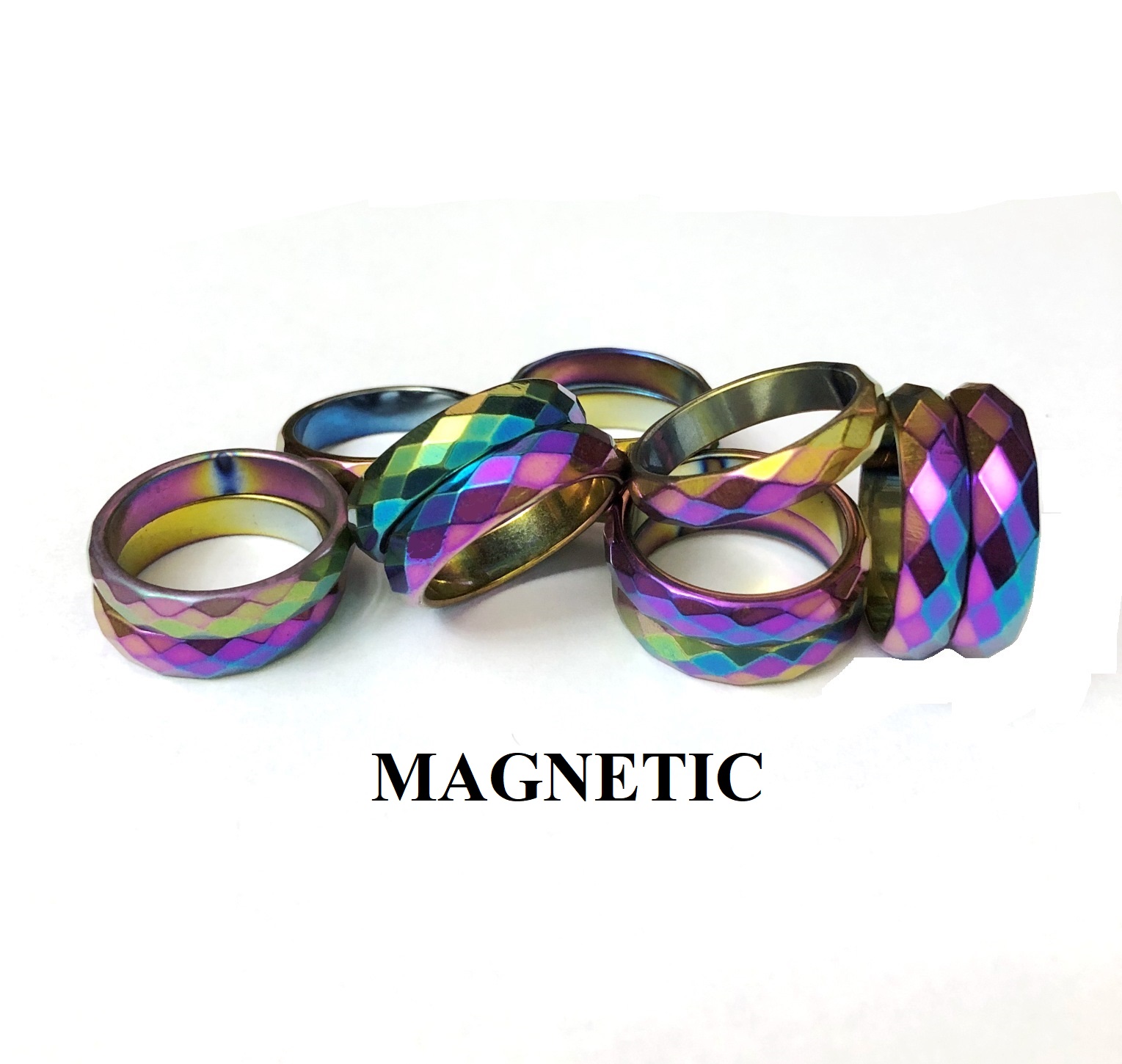 12 PC. MAGNETIC Faceted 6mm Diamond Cut Rainbow Hematite Rings Mixed Sizes #RR1654-812