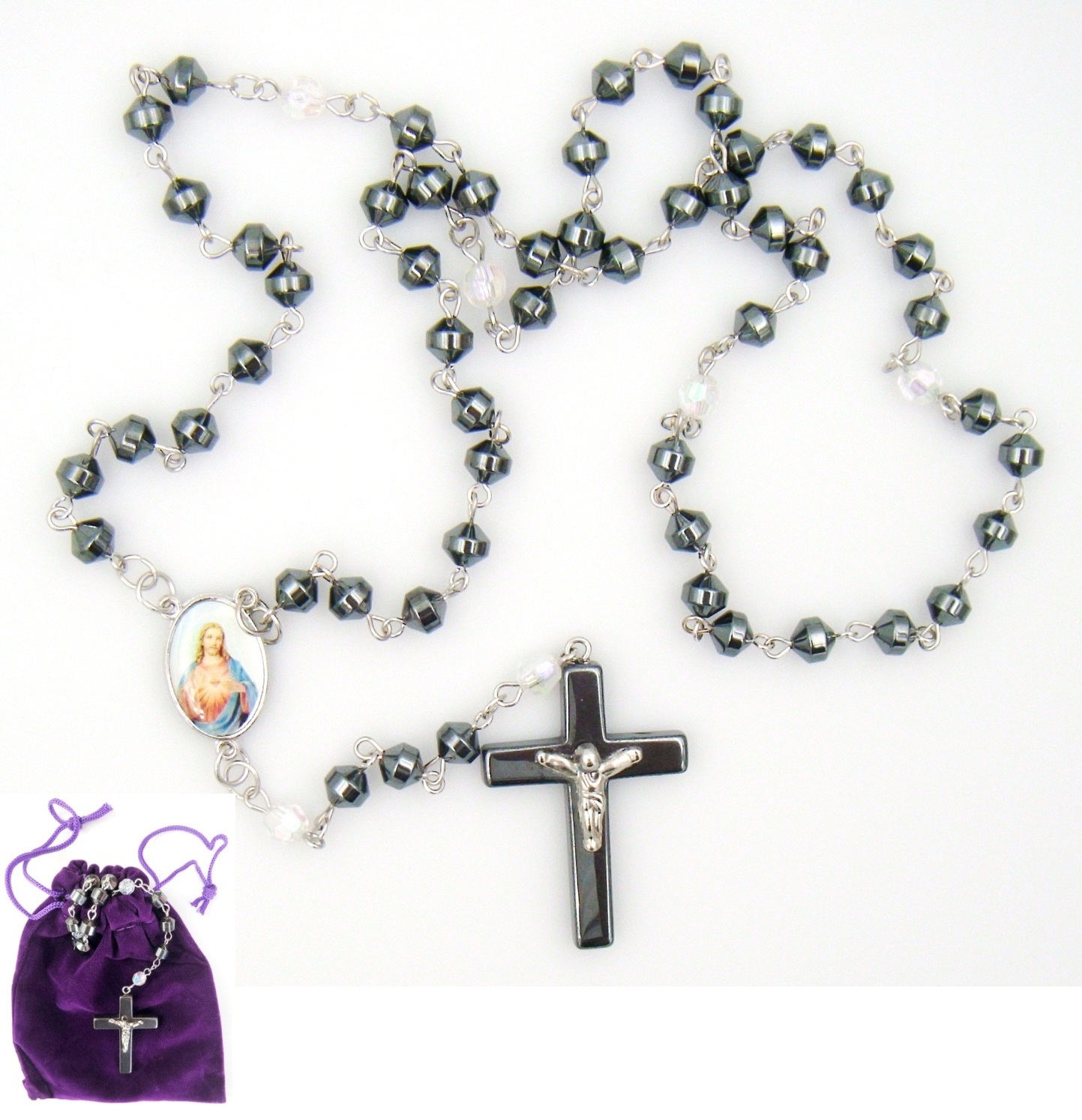 1 PC. Sacred Heart AB Crystal Hematite Rosary Prayers Rosary