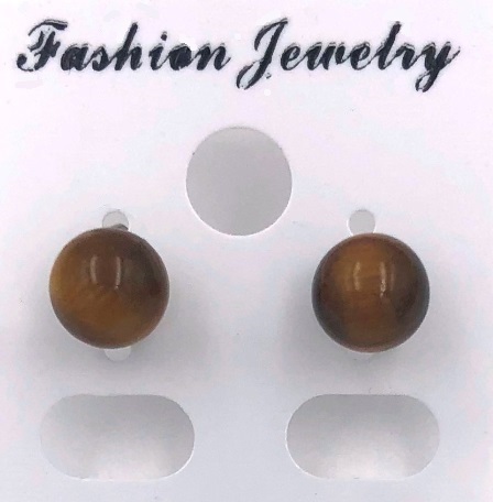 1 Pair 6mm Tiger-eye Stone Ball Earrings on Stainless Steel Posts #SER-100TE