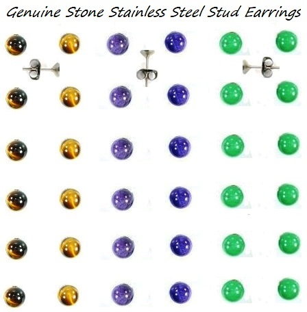 (36 Pairs) 6mm Mixed Stone Ball Earrings on Stainless Steel Posts #SER-36