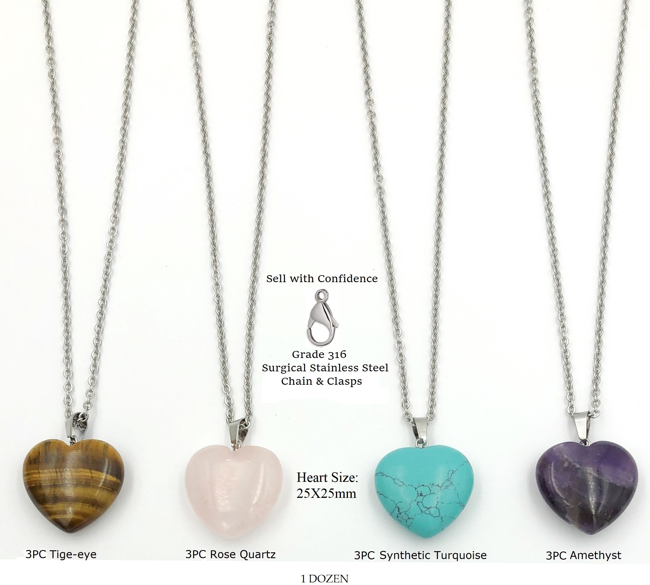 Dozen (12 PC.) Assorted Stone 25mm Heart Necklaces with 18" Long Grade 316 Stainless Steel Chains & Clasps #SHN-300