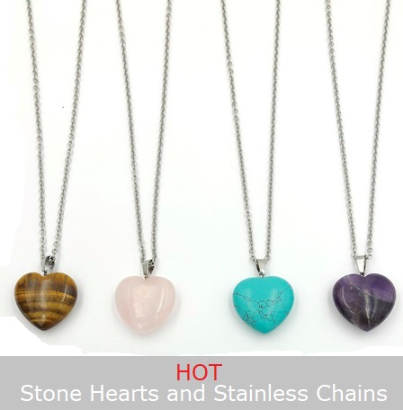 Dozen (12 PC.) Assorted Stone Heart Necklaces with 18" Long Grade 316 Stainless Steel Chains & Clasps #SHN-300