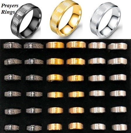 36 PC. "SPANISH" Prayers Heavy Stainless Steel Rings Mixed Sizes with Insert  #SSR-042A