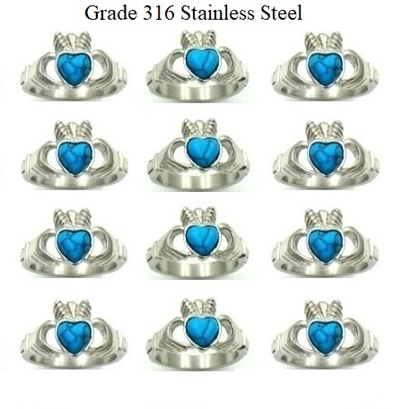 12 PC. (Dozen) Irish Claddagh Turquoise Heart Stainless Steel Rings #SSR-100